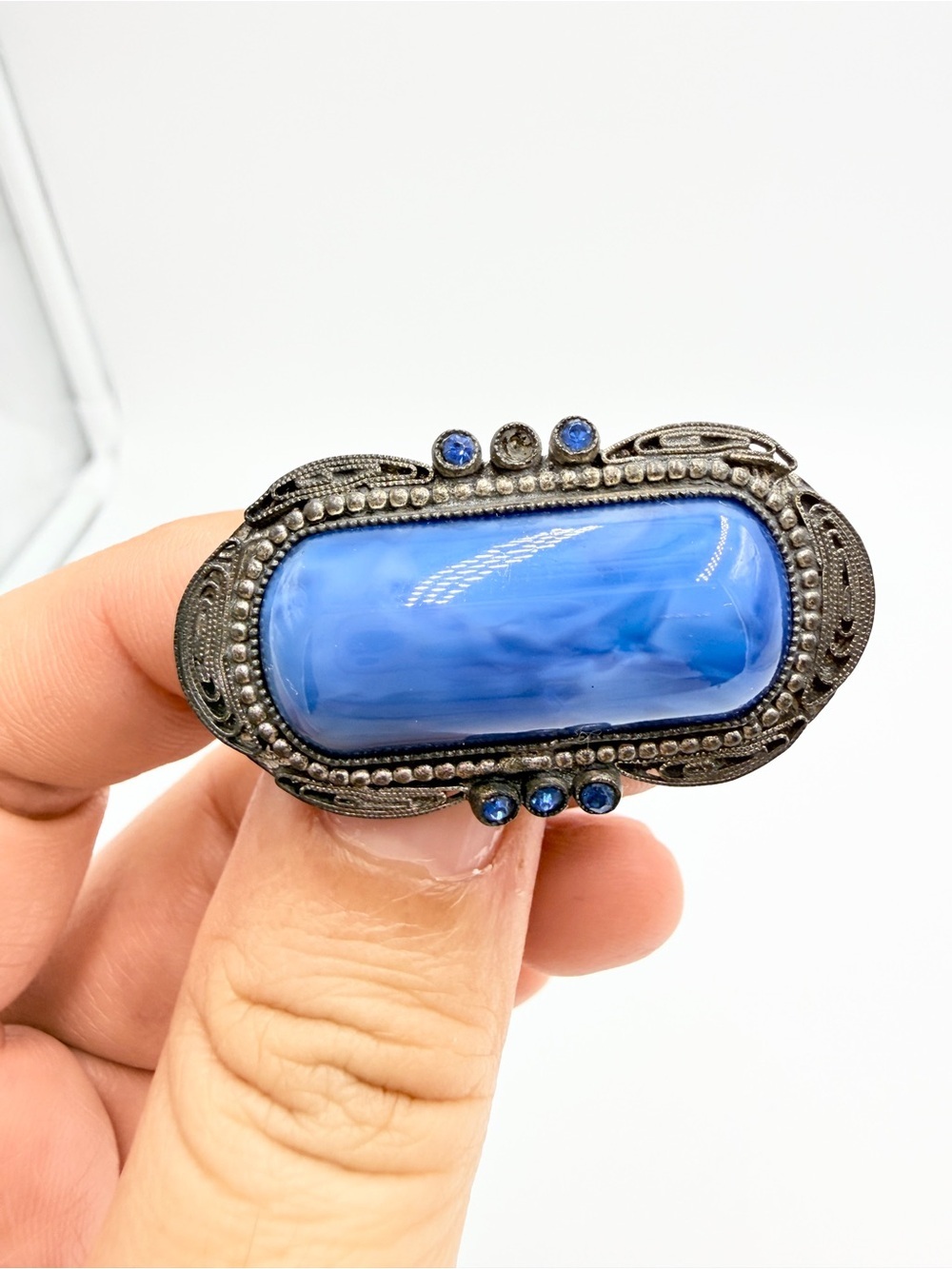 Vintage Art Deco Style Blue Marbled Cabochon Brooch Pin with Rhinestone Accents